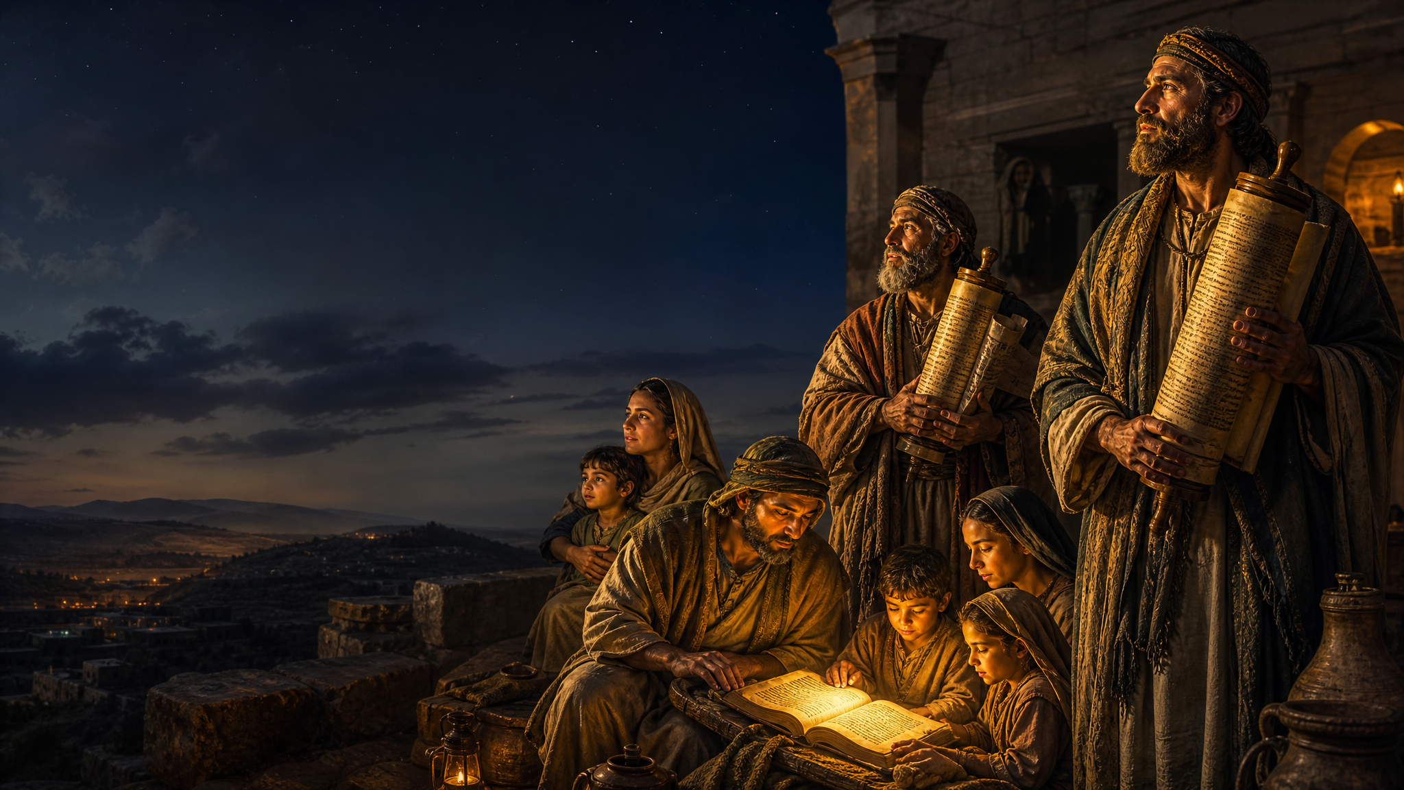 Bearded Hebrew scroll-warriors and faithful families reading the Scriptures by golden lamplight